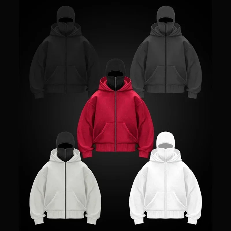 Men Zip Hoodie Winter Warm Casual Sweatshirt Y2K with Hooded Face Mask Zipper Design Sports Jacket Outdoor Activities