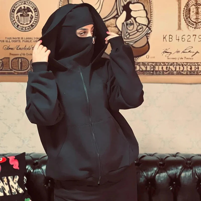 Men Zip Hoodie Winter Warm Casual Sweatshirt Y2K with Hooded Face Mask Zipper Design Sports Jacket Outdoor Activities