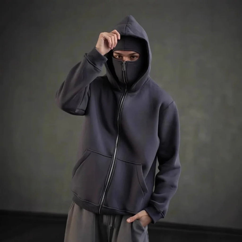Men Zip Hoodie Winter Warm Casual Sweatshirt Y2K with Hooded Face Mask Zipper Design Sports Jacket Outdoor Activities