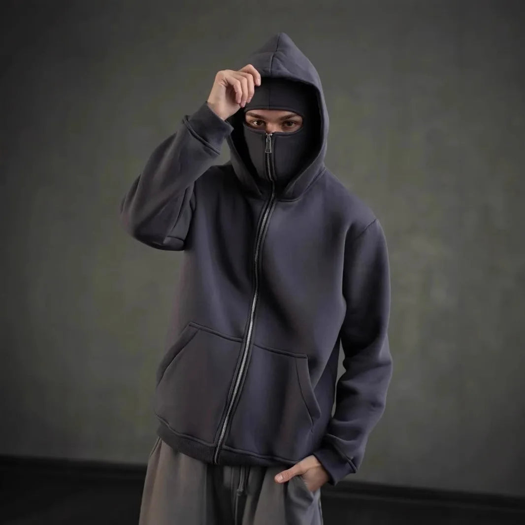 Men Zip Hoodie Winter Warm Casual Sweatshirt Y2K with Hooded Face Mask Zipper Design Sports Jacket Outdoor Activities