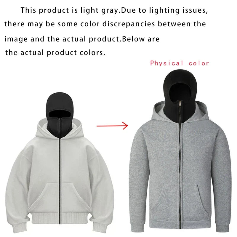 Men Zip Hoodie Winter Warm Casual Sweatshirt Y2K with Hooded Face Mask Zipper Design Sports Jacket Outdoor Activities