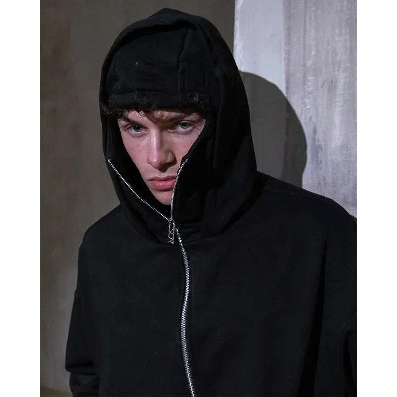 Men Zip Hoodie Winter Warm Casual Sweatshirt Y2K with Hooded Face Mask Zipper Design Sports Jacket Outdoor Activities