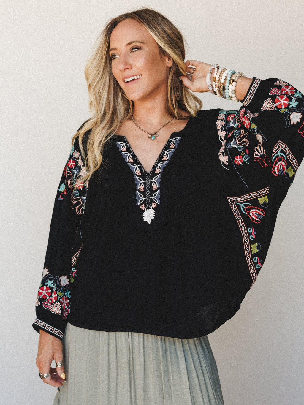 Frida Embroidered Dolman Sleeve Top - Black