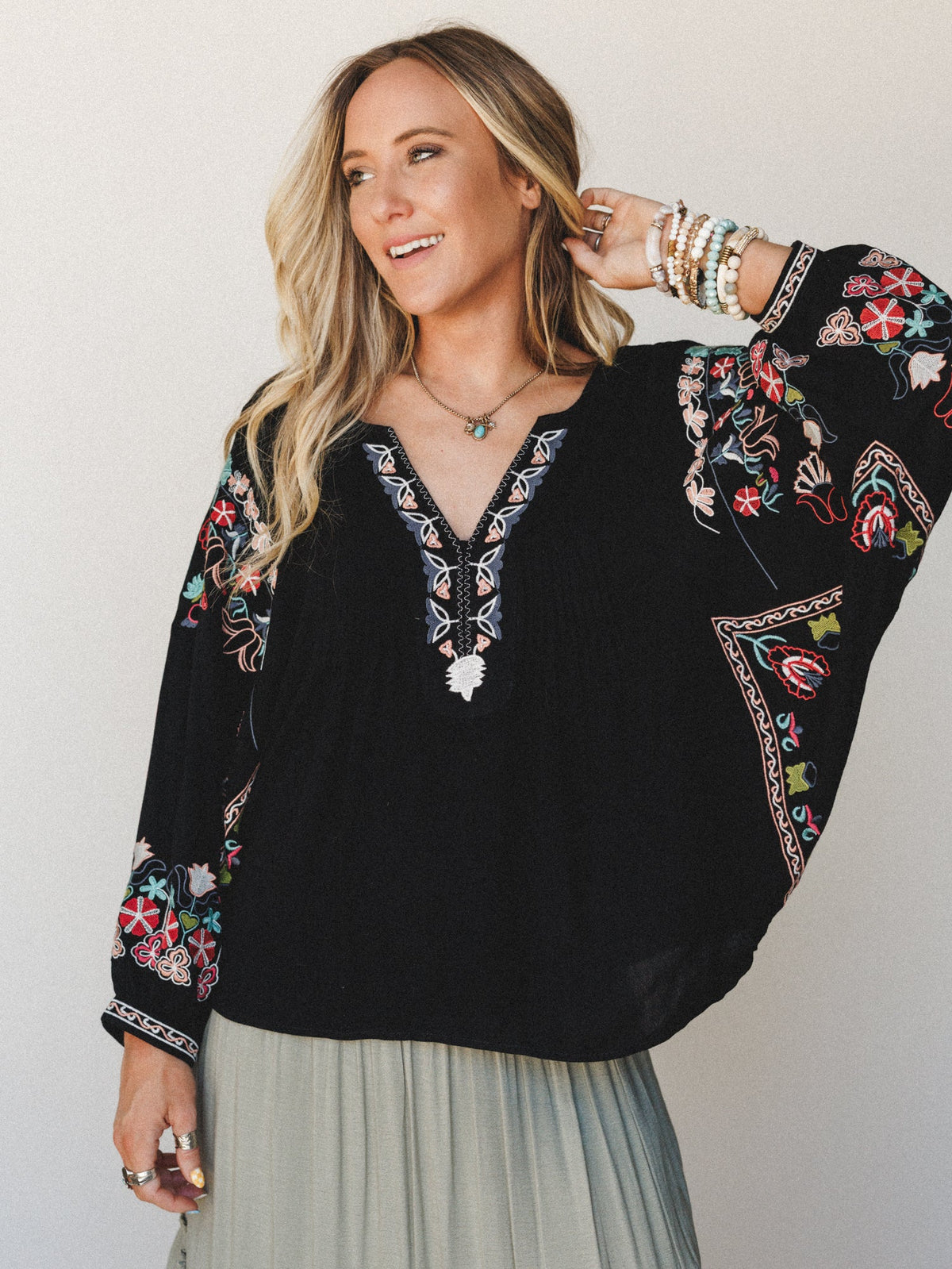 Frida Embroidered Dolman Sleeve Top - Black