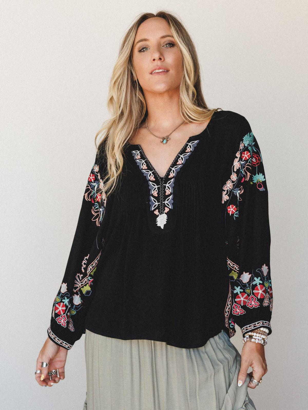 Frida Embroidered Dolman Sleeve Top - Black