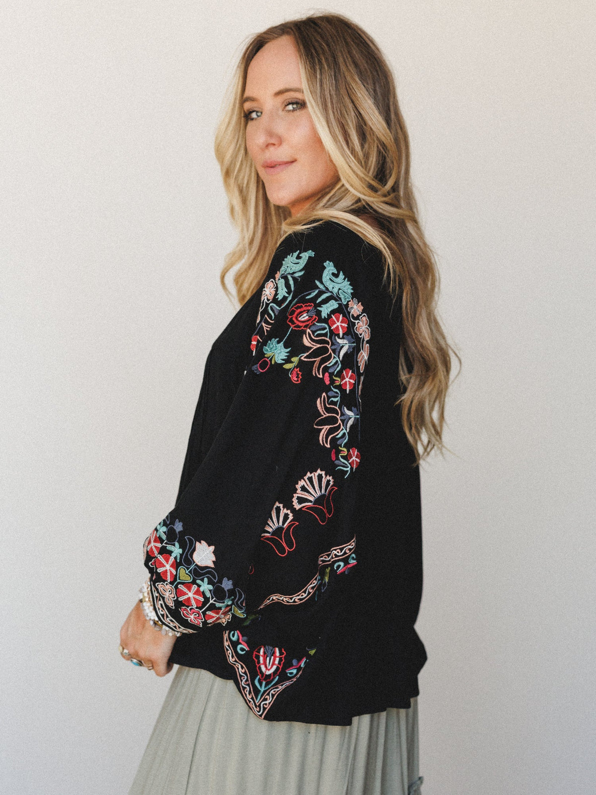 Frida Embroidered Dolman Sleeve Top - Black