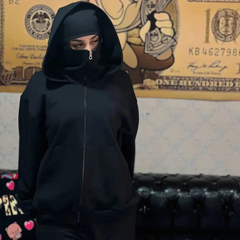 Men Zip Hoodie Winter Warm Casual Sweatshirt Y2K with Hooded Face Mask Zipper Design Sports Jacket Outdoor Activities