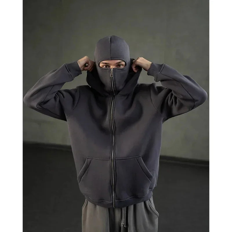 Men Zip Hoodie Winter Warm Casual Sweatshirt Y2K with Hooded Face Mask Zipper Design Sports Jacket Outdoor Activities