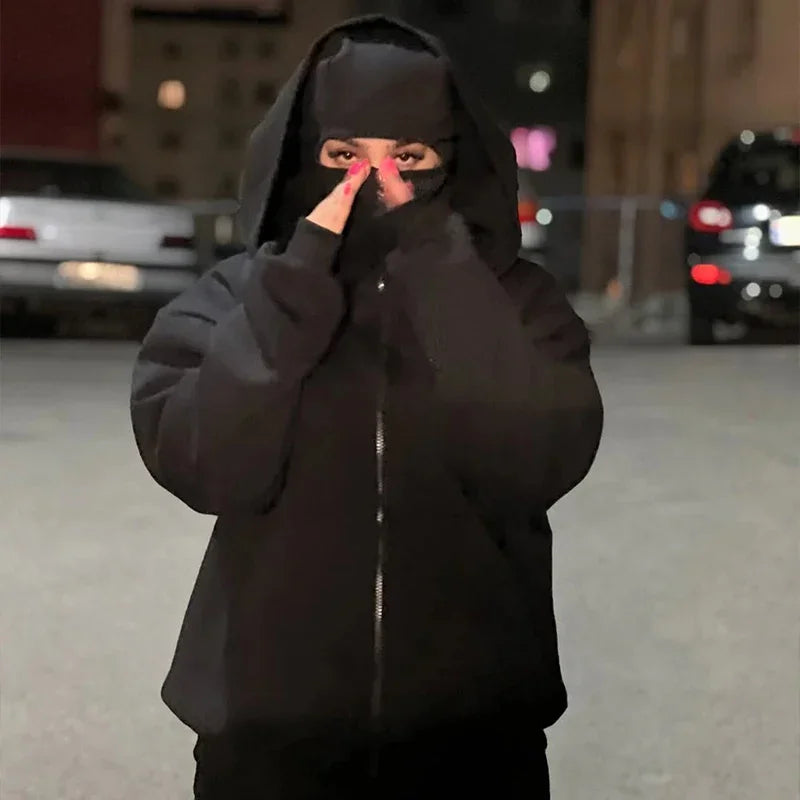 Men Zip Hoodie Winter Warm Casual Sweatshirt Y2K with Hooded Face Mask Zipper Design Sports Jacket Outdoor Activities
