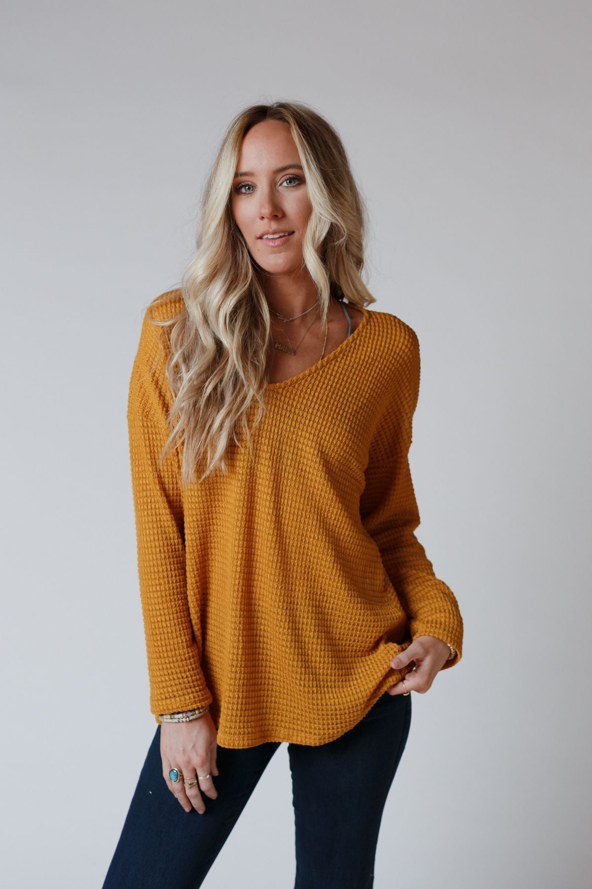 The Nest Flattering Open Back Thermal Knit Top - Mustard