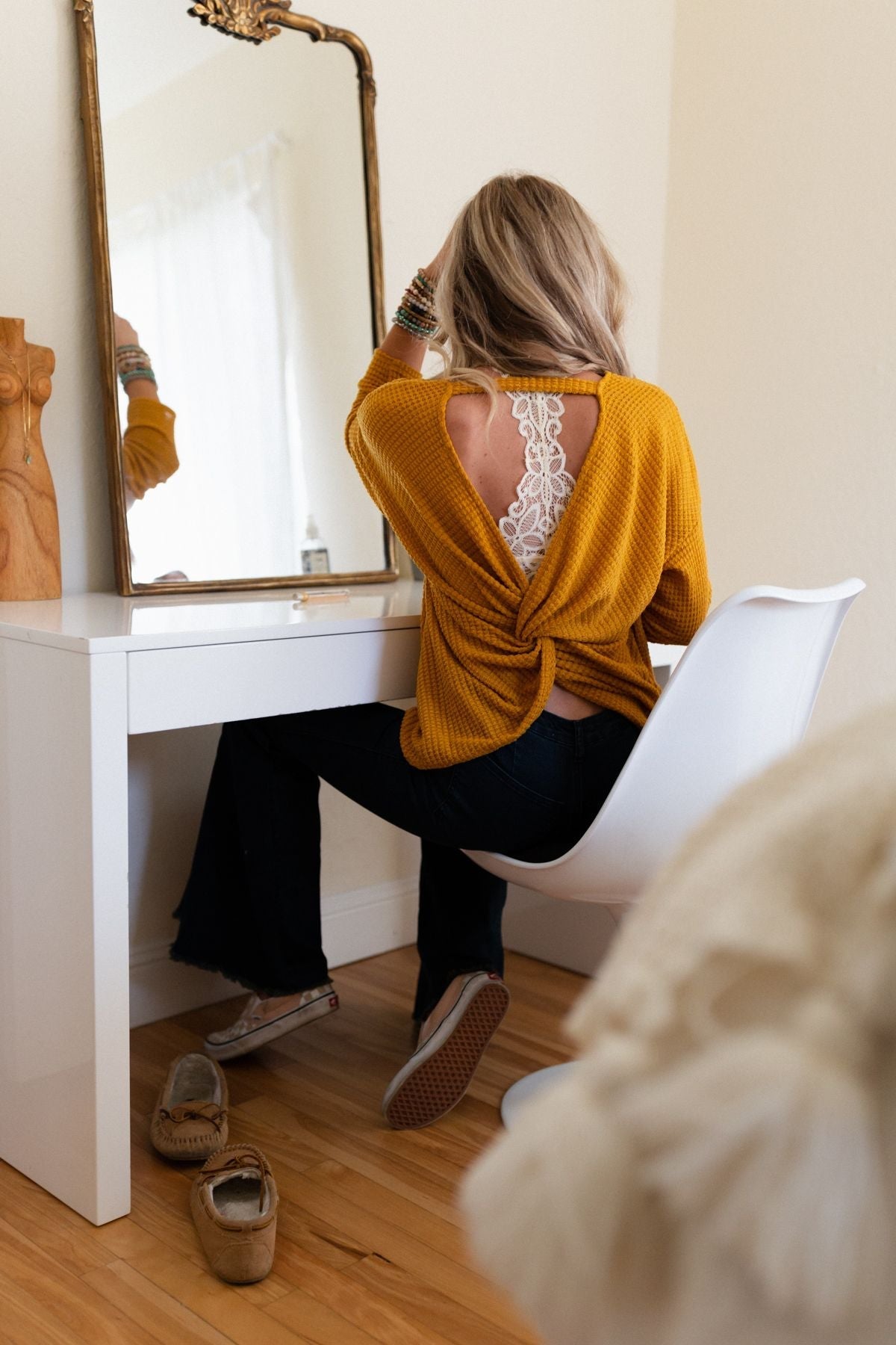 The Nest Flattering Open Back Thermal Knit Top - Mustard