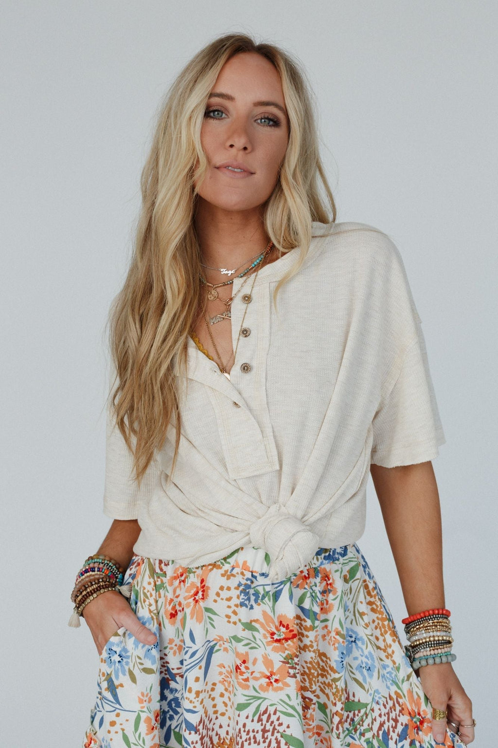 The Nest Soft Plume Henley Top - Oatmeal