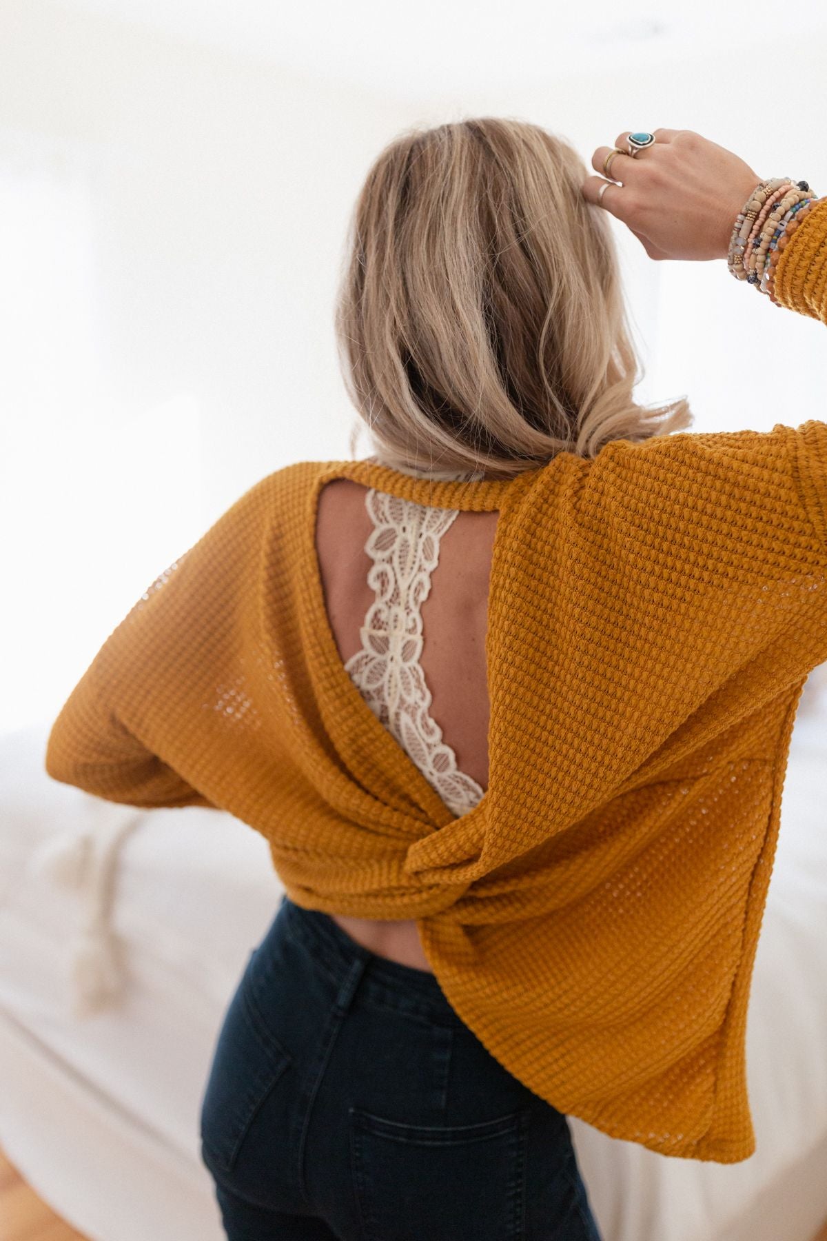 The Nest Flattering Open Back Thermal Knit Top - Mustard